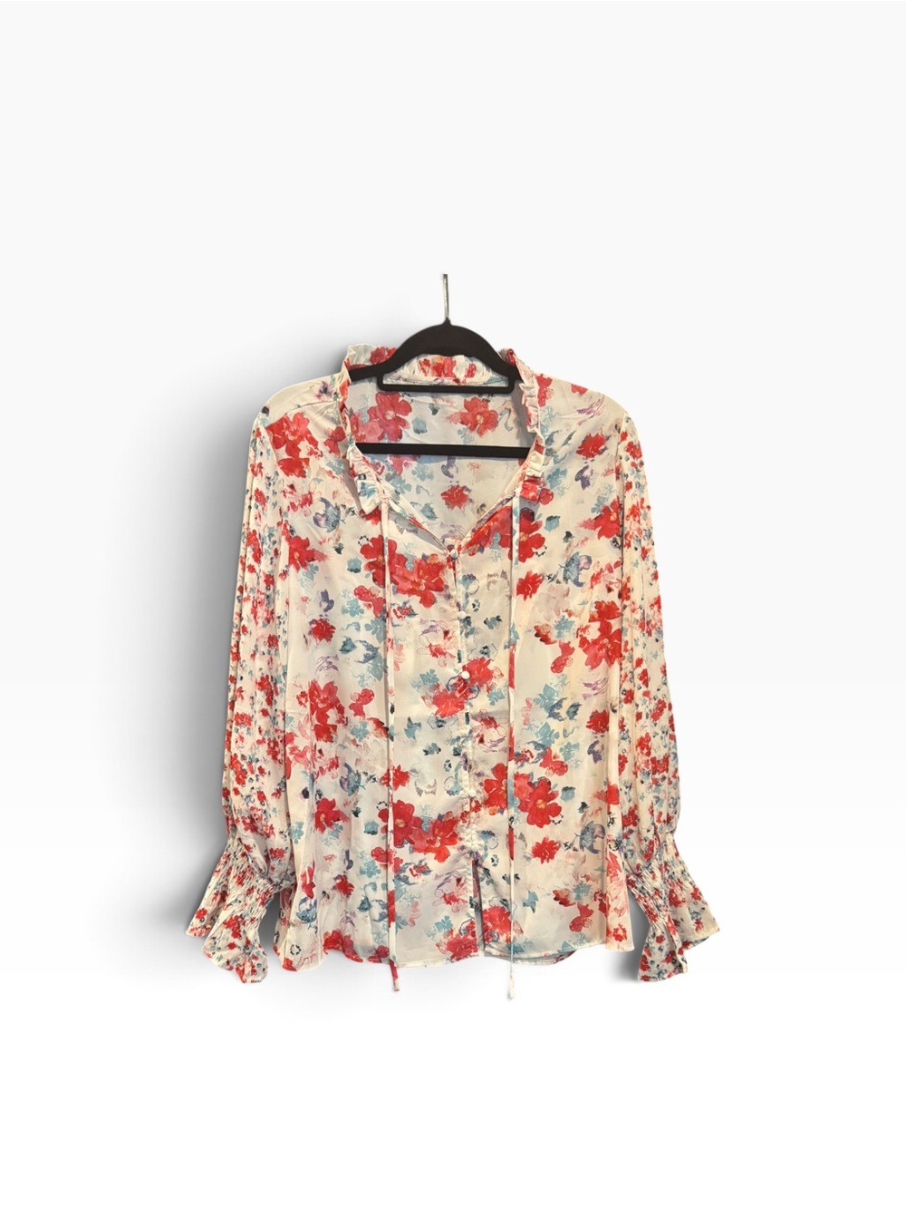 Floral Tie-Neck Blouse in Cream and Red